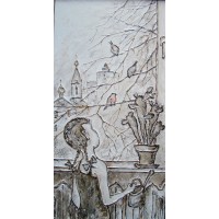 "Снегири за окном", холст, масло, 90x45 см, 2012 г.